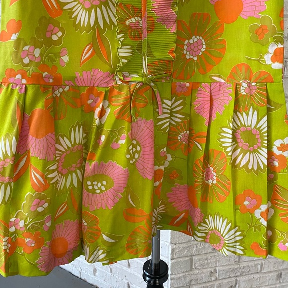 Vintage 60s Mod Flower Power Psychedelic Floral Pleated Metal Zipper Mini Dress - Picture 4 of 6